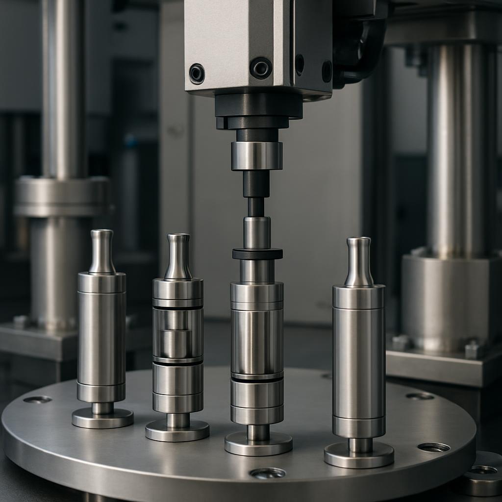 Machine dispensing metal vape parts, industrial setting.