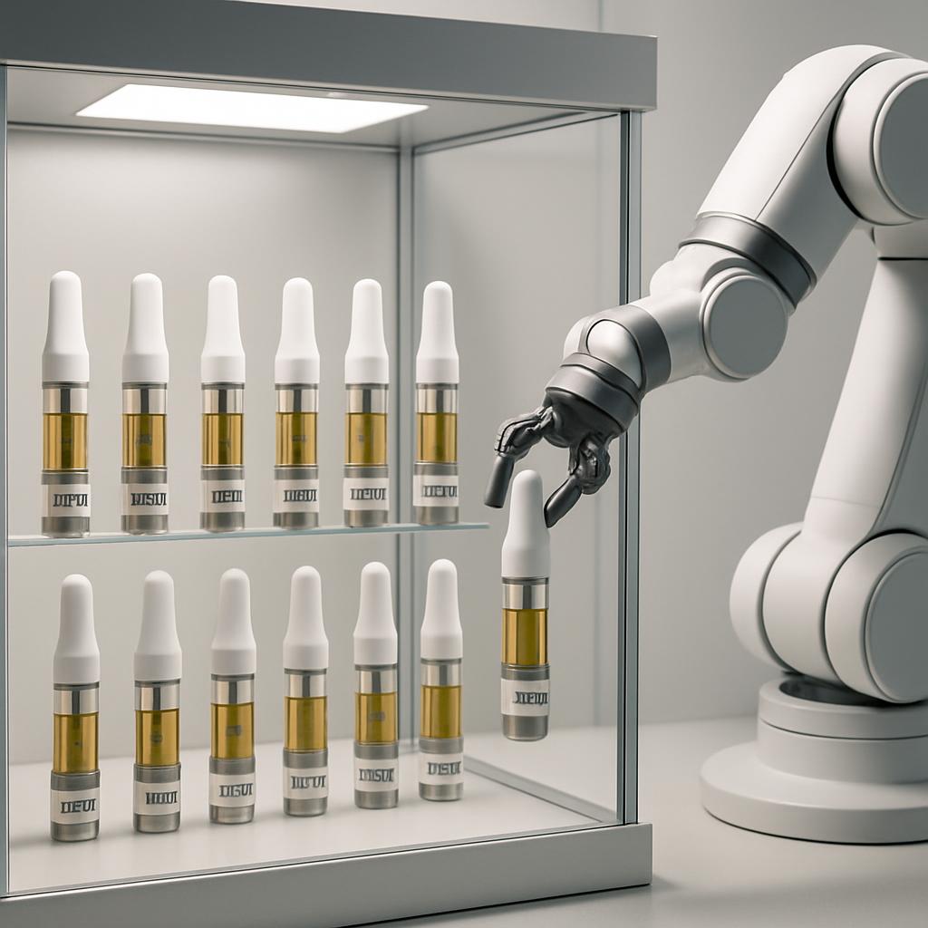 "Robotic arm adding cannabis cartridge to display case, realistic image"