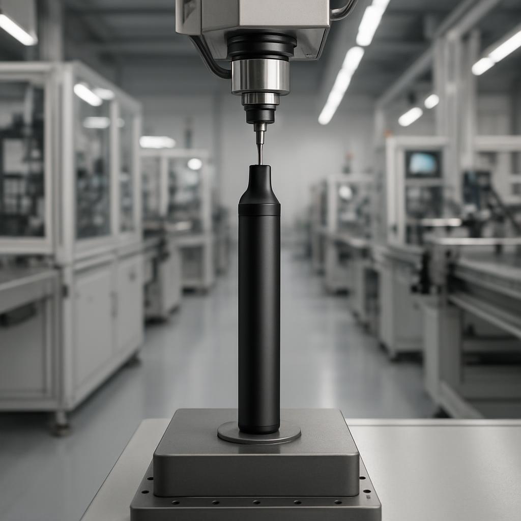 A CNC machine in an industrial setting with a black rotary axis.